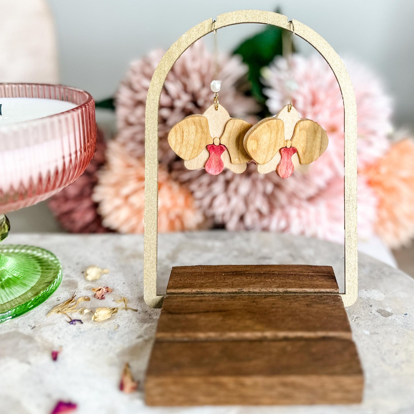 Orchid Statement Timber Dangles - Yellow Maple