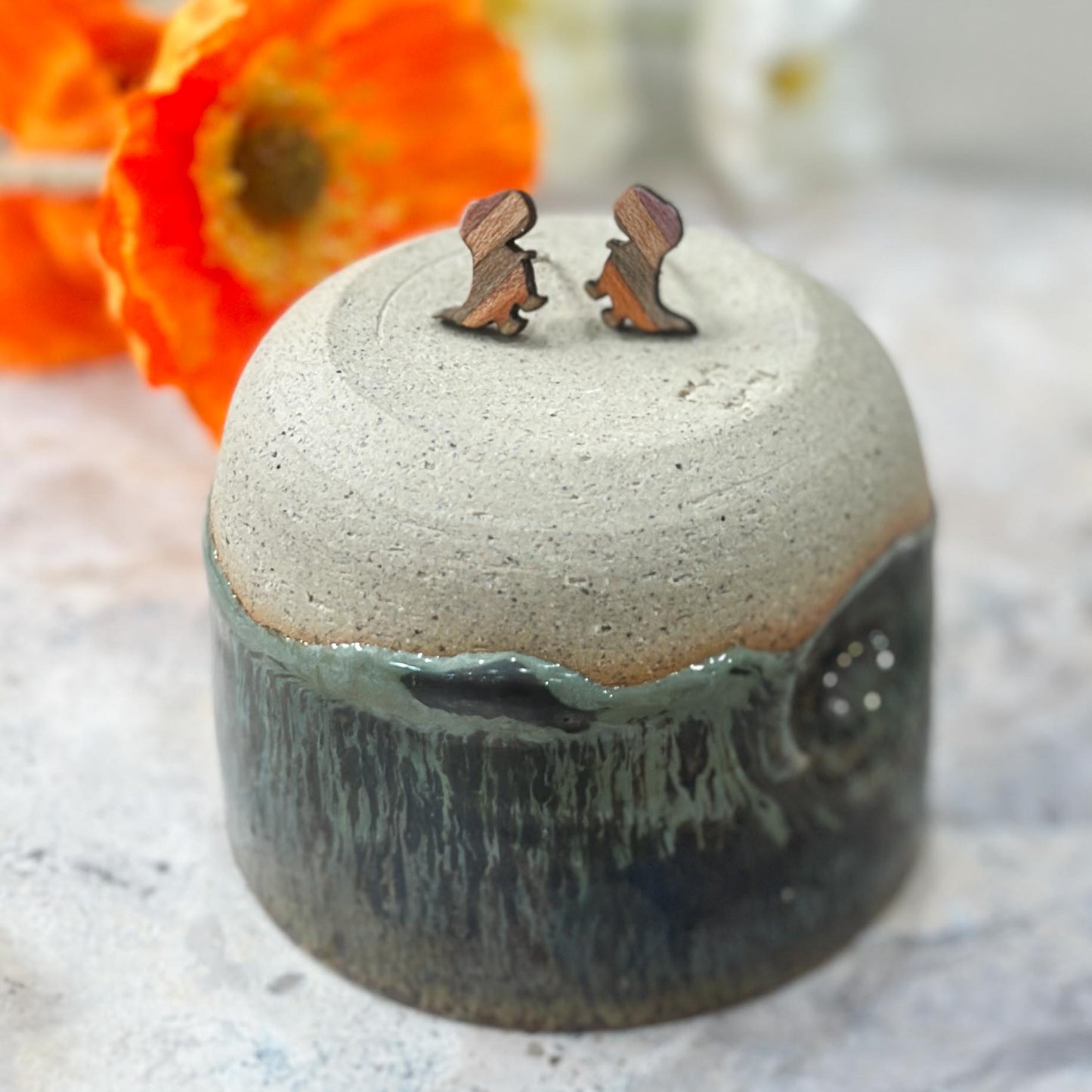 T-Rex Dino Stud Timber Earrings - Confetti Birch