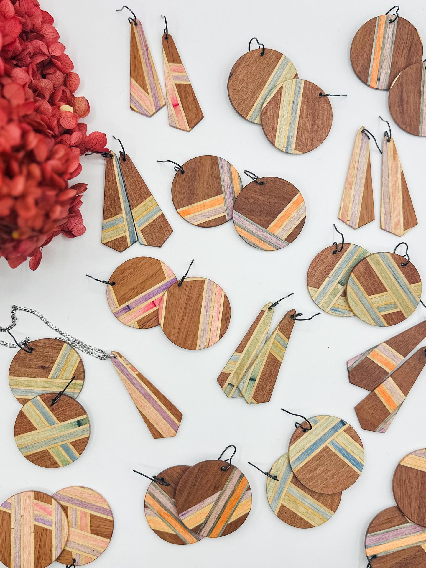 Abstract Circle Timber Dangle Earrings - Mixed Confetti PIxels