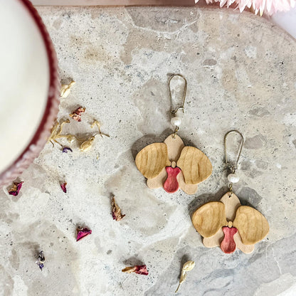 Orchid Statement Timber Dangles - Yellow Maple