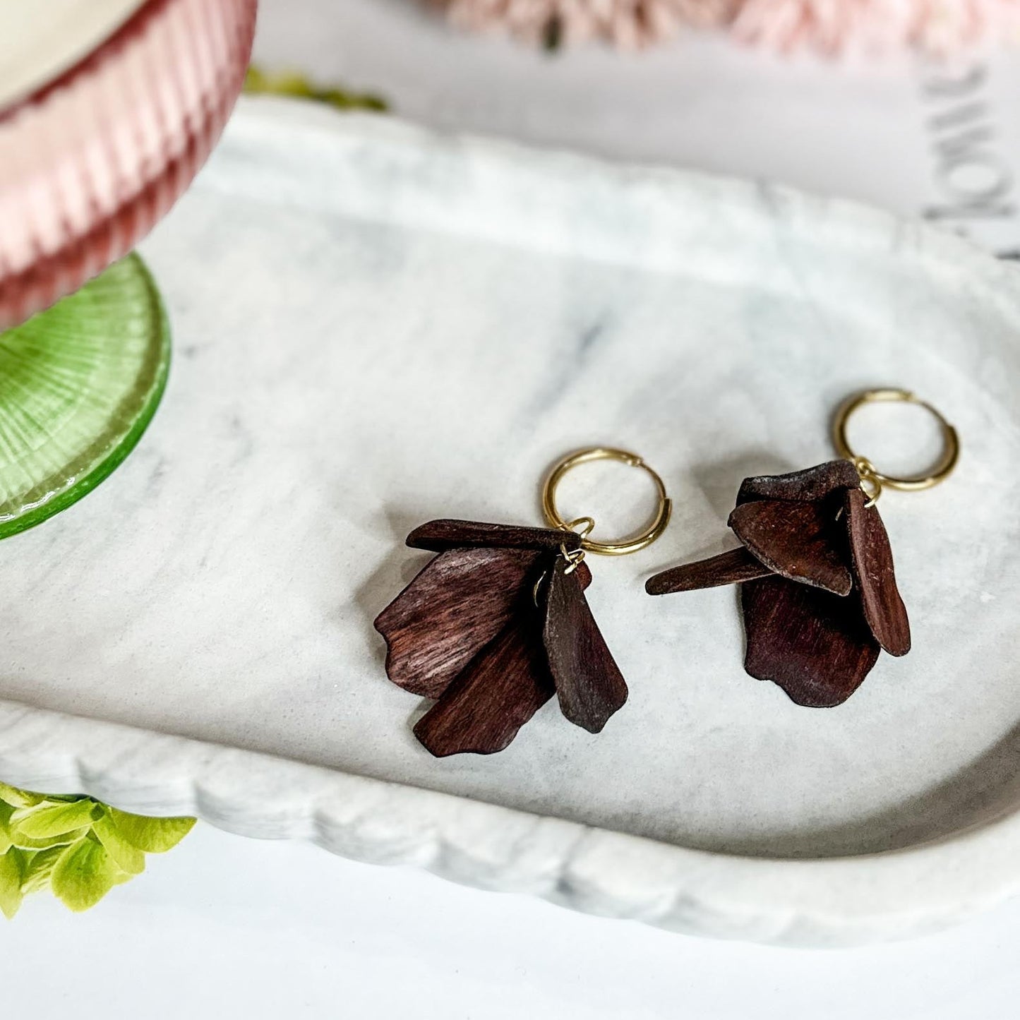 Rose Petal Cluster Timber Dangles - Heritage Jarrah