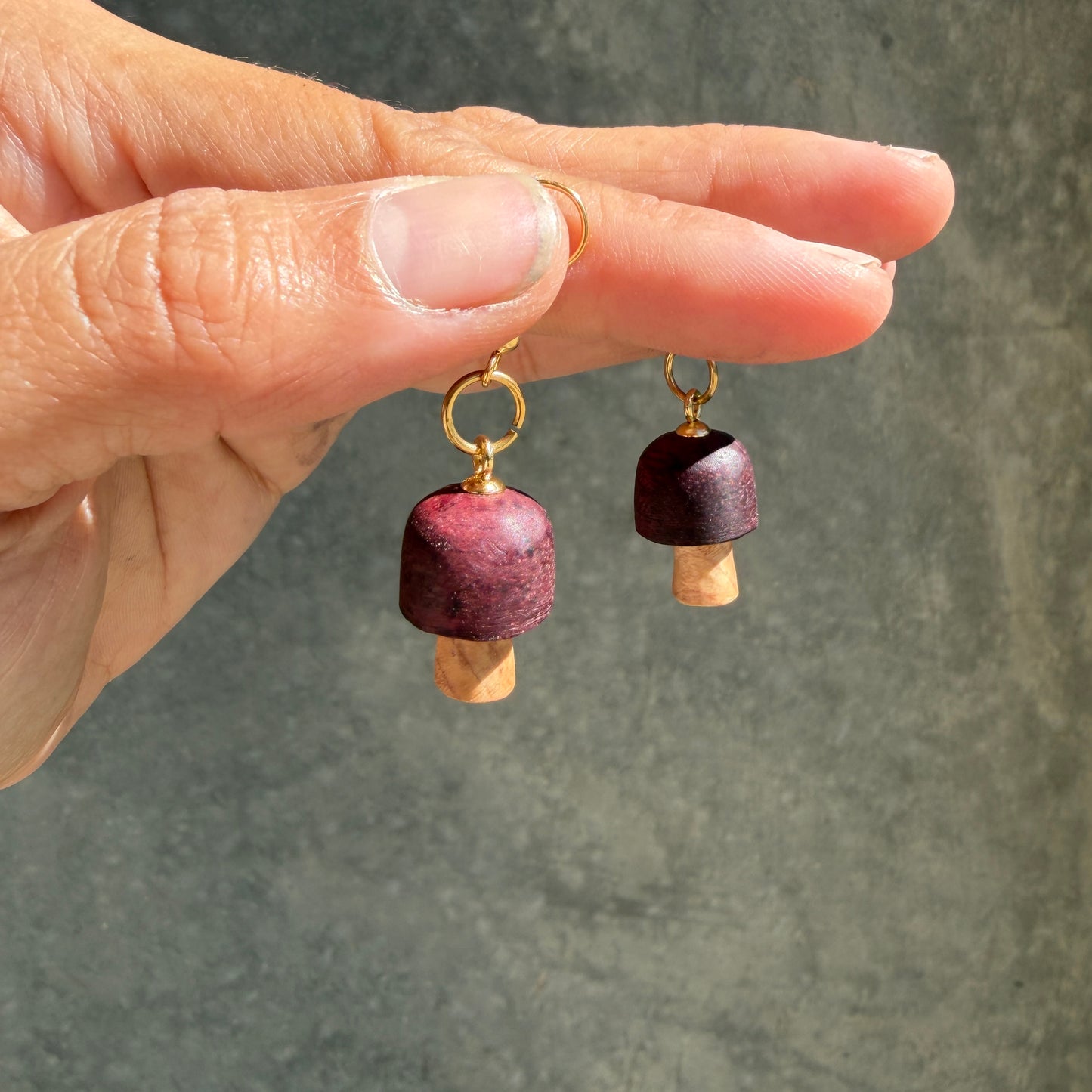 Purple Heart Toadstool Timber Dangle Earrings