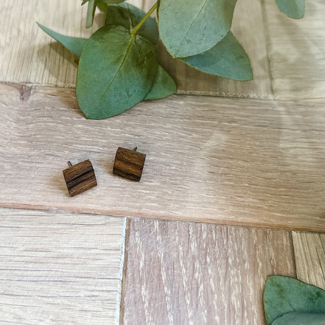 The Square Stud Timber Earrings - Spotted Gum